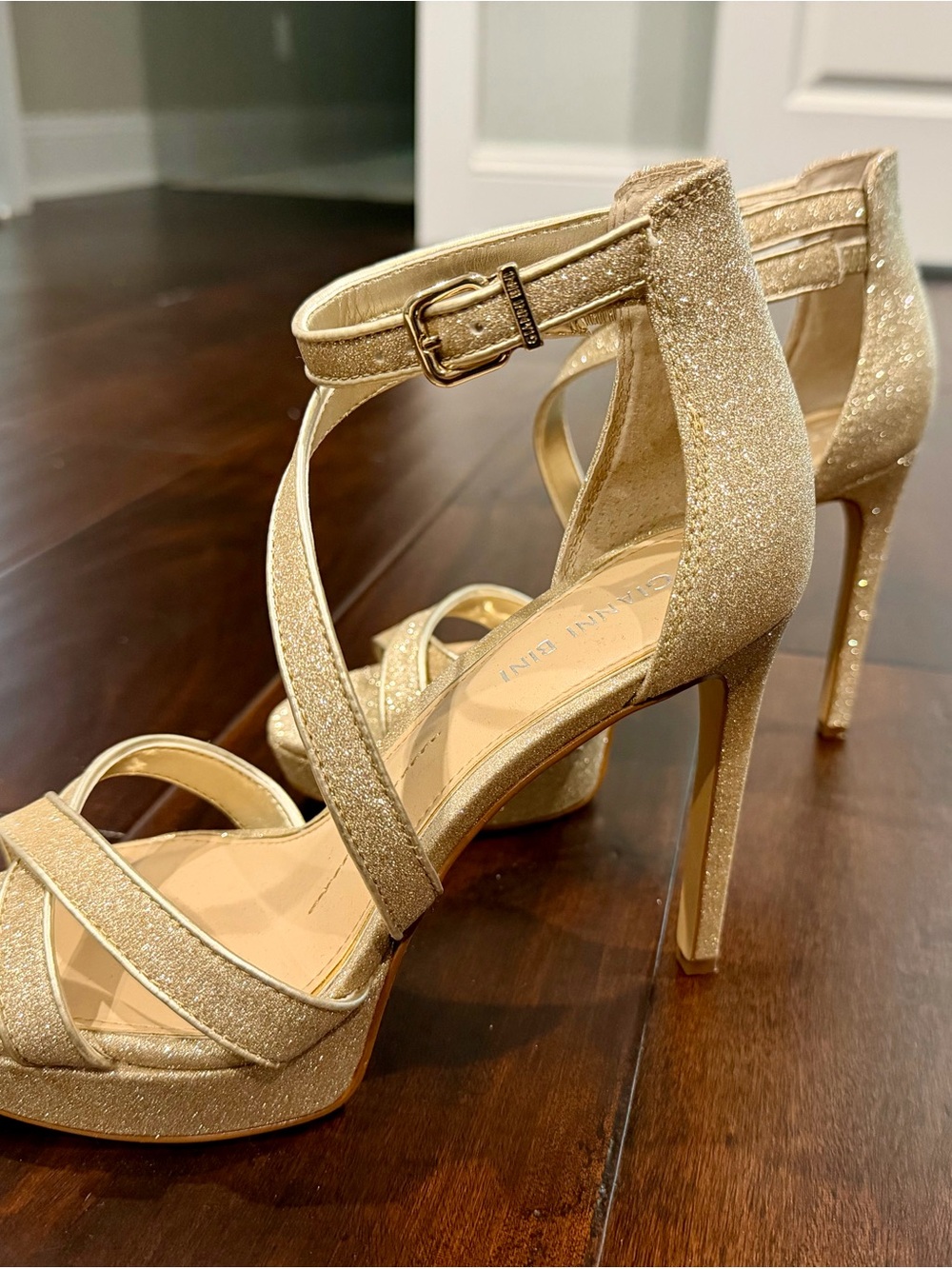 Gianni Bini Gold Glitter Strappy Stiletto Heels